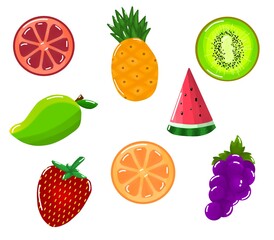 Colorful fruit set illustration featuring fruits like grapefruit, pineapple, kiwi, mango, watermelon, strawberry, orange, and grapes. Perfect for educational materials, promotion, design.