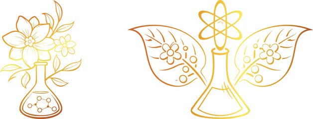 Set of Golden Chemistry Logo with Botanical Flowers | Elegant Line Art Vector Design for Science and Nature Themes