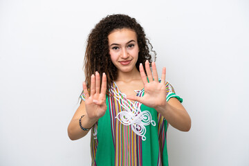 Young Arab woman isolated on white background counting nine with fingers