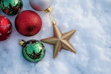 Red and green Christmas balls and a gold star in snow, generated AI
