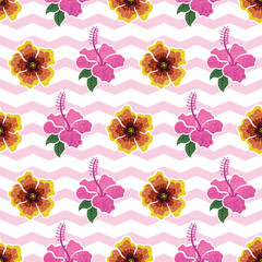 Hibiscus flowers on wavy pink stripes, seamless vector pattern