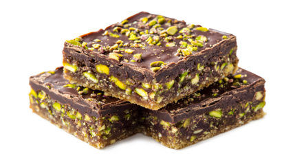 Three chocolate bars with nuts on top. The bars are stacked on top of each other. The bars are dark and look delicious
