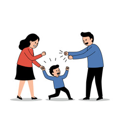 Fototapeta premium Parents arguing with each other while their child is caught in the middle, looking upset in a tense setting with copy space