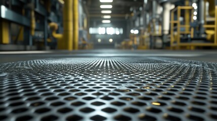Factory floor grating, industrial background, machinery, perspective
