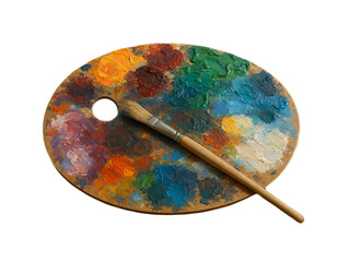 Vintage artist palette with vibrant oil paints and brush isolated on transparent background. Ideal for creative art concepts, painting tutorials, studio setups, and DIY design projects.