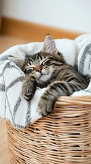 Adorable tabby cat peacefully sleeping in a cozy woven basket with soft blanket indoors in warm and bright environment