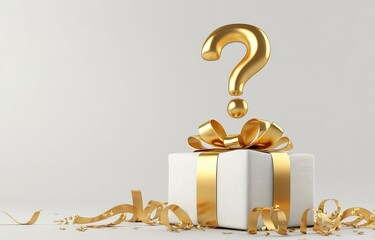 A golden question mark hovers above a gift box, suggesting a surprise