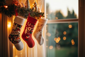 Christmas Stockings on the curtains, generated AI