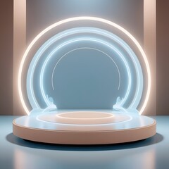 Minimal 3D circular stage mockup with clear futuristic design, cyan and amber abstract background