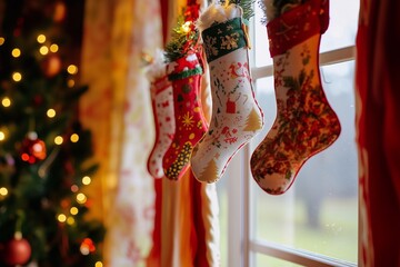 Christmas Stockings on the curtains, generated AI