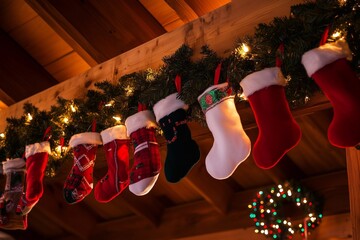 Christmas Stockings on wooden beams, generated AI