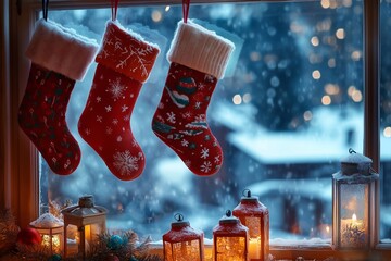 Christmas Stockings on the window, generated AI