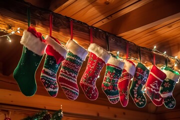Christmas Stockings on wooden beams, generated AI