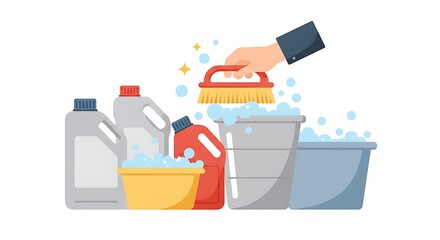Cleaning Supplies and Scrub Brush, Illustration