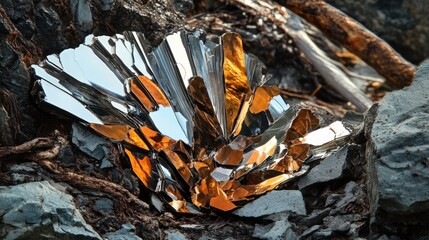 Reflective shards among rocks, coastal scene, abstract art, nature background