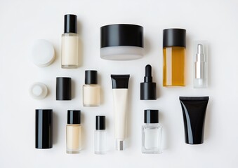 Collection of various skincare and cosmetic products.  Different containers and colors displayed on a white background