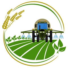 Illustration of a tractor spraying crops in a field, framed by a round frame with wheat stalks and green leaves. Concept of modern crop care.
