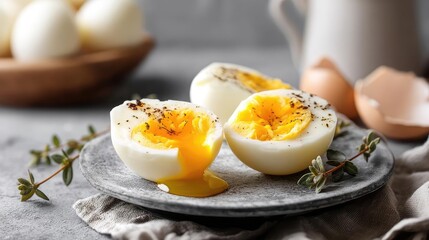 Half boiled egg with protein and nutrition from yolk concept. Delicious soft-boiled eggs served on a rustic plate.