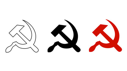 Soviet Union communist symbol hammer and sickle icon collection: black outline, silhouette, and red color. USSR symbol isolated on white background