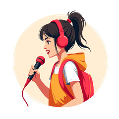 Girl with toy microphone smiling and singing with headphones on  