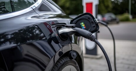 Close-up of an electric vehicle plugged into a charging station.