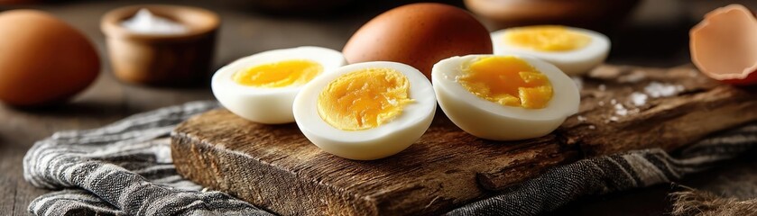 Rustic kitchen with yolk and nutrition from protein concept. Delicious boiled eggs displayed on a rustic wooden board.
