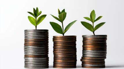 Three stacks of coins with a plant growing out of them