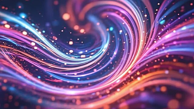 abstract digital design featuring swirling glowing particles, vibrant colors melding into each other, ethereal light effects illuminating the background, a sense of depth and movement