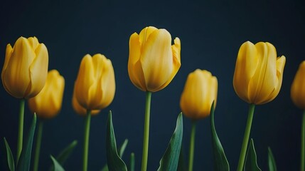 Fototapeta premium Dramatic low-angle shot of yellow tulips against stormy sky, National Geographic-style nature photography
