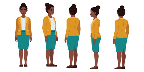 Obraz premium “Professional Black Woman Character in Yellow Blazer and Teal Skirt – Front, Side, and Back Views Illustration”