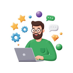 “Bearded Man Working on Laptop Surrounded by Social Media and Communication Icons – Digital Marketing Illustration”