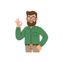 “Smiling Man with Glasses Showing OK Hand Gesture – Friendly Male Character Illustration”