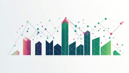 Abstract data visualization. Multiple data points, bar graphs, and lines illustrate data trends, growth, and fluctuations