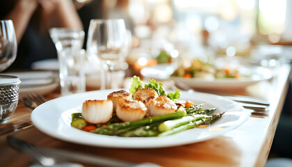 Delicious fried scallops with asparagus served on table, closeup