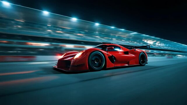 Sleek red sports car races on illuminated night track capturing speed and motion