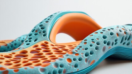 Obraz premium Close-up of a turquoise and orange, futuristic sandal with a perforated, organic design