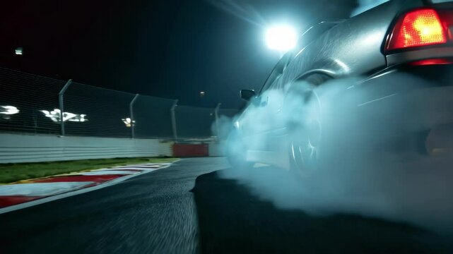 Dynamic drift: highspeed car powersliding on night track with dramatic tire smoke