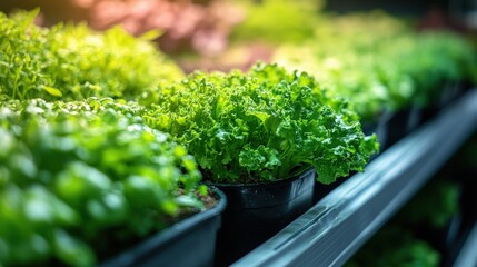 Fresh green lettuce and herbs displayed in pots on a shelf in a vibrant greenhouse setting