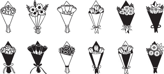 Wrapped Floral Bouquets. Black and White Flower Bundle Art.