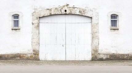 White arched doors on old building facade