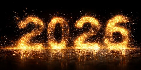 2026 New Year Fireworks Glowing Golden Numbers Against a Dark Background
