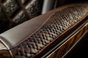 Luxury Car Interior: Exquisite Brown Leather Armrest with Intricate Woven Design and Rich Wood Accents, Showcasing Superior Craftsmanship and Elegant Style for High-End Vehicle Designs.