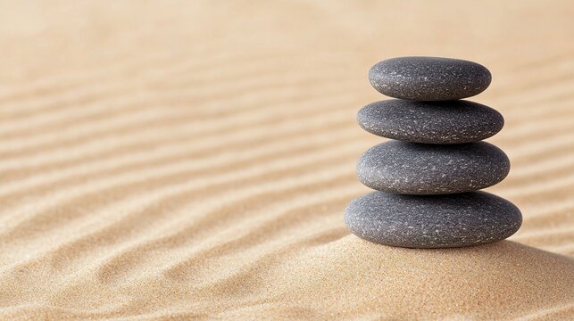 Stack of smooth black stones balanced on rippled sand, evoking calm, balance, and tranquility in a minimalist setting.