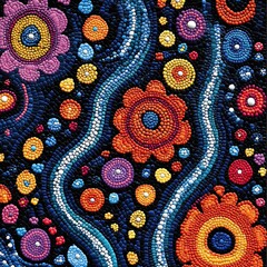 Colorful pattern of flowers and dots on fabric.