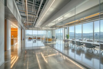 Obraz premium Modern office space, glass walls, city views