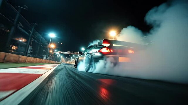 Highspeed nighttime drift action: cars skid and smoke on racing track at full throttle