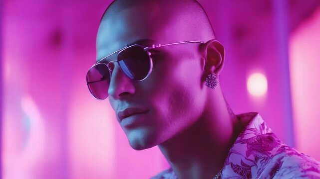 Stylish bald man in glasses, profile view, neon pink light