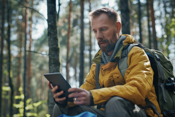 Businessman Video Conferencing on Tablet While Hiking Through Lush Forest with Backpack and Camping Gear