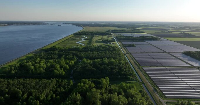 generation of renewable energy, the largest solar park in the Netherlands, Dronten, Biddinghuizen, aerial view.