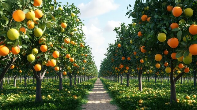 Sunlit orange grove path, abundant harvest, sunny day, agriculture